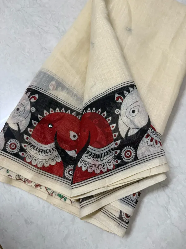 White_Kalamkari__Design_Cotton_Linen_Printed_Saree
