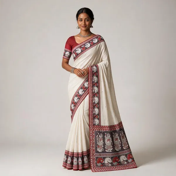 White_Kalamkari__Design_Cotton_Linen_Printed_Saree
