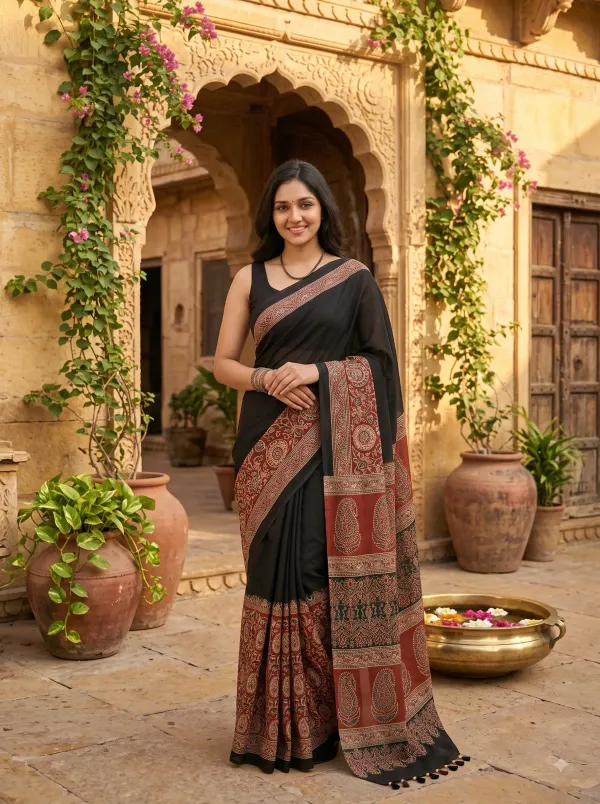 Wine__White_Line_Ajrakh_Silk_Saree
