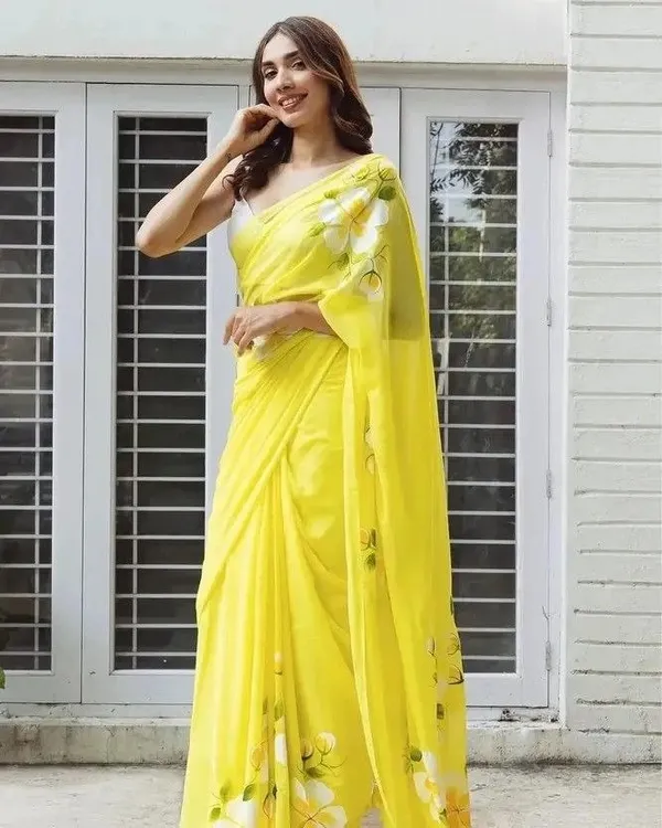 Yellow_Georgette_Floral_Print_Saree_For_Women