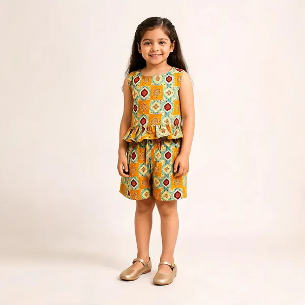 Green_Cotton_Sleeveless_Peplum_Top_And_Shorts_Set_For_Girls