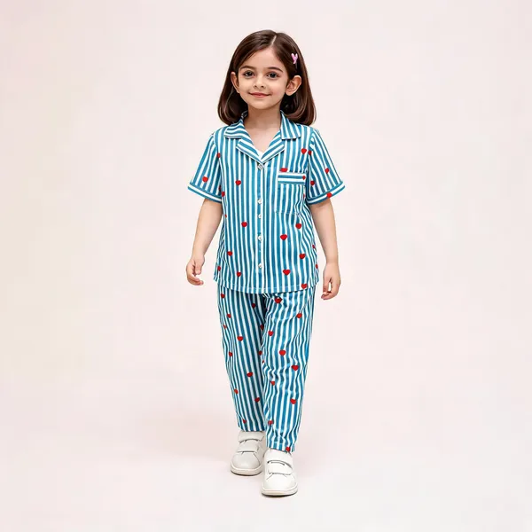 Blue_Cotton_Short_Sleeve_Striped_Heart_Print_Pajama_Set_For_Girls