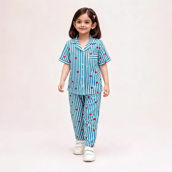 Blue_Cotton_Short_Sleeve_Striped_Heart_Print_Pajama_Set_For_Girls