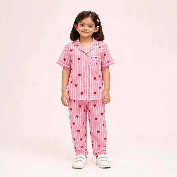 Pink_Cotton_Short_Sleeve_Striped_Heart_Print_Pajama_Set_For_Girls