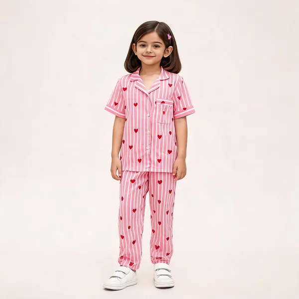 Pink_Cotton_Short_Sleeve_Striped_Heart_Print_Pajama_Set_For_Girls