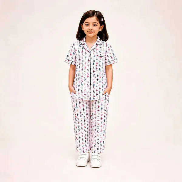 White_Cotton_Short_Sleeve_Printed_Pajama_Set_For_Girls
