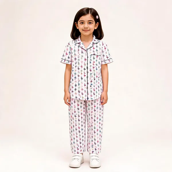 White_Cotton_Short_Sleeve_Printed_Pajama_Set_For_Girls