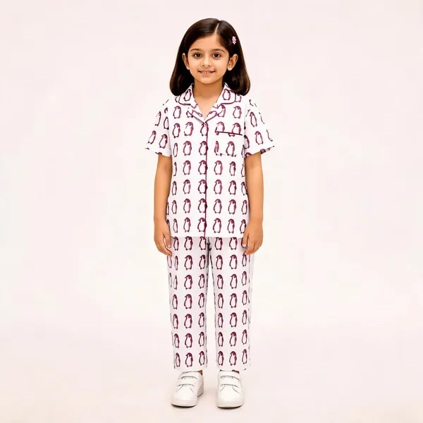White_Cotton_Short_Sleeve_Penguin_Print_Pajama_Set_For_Girls