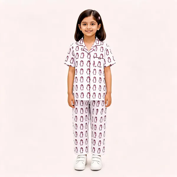 White_Cotton_Short_Sleeve_Penguin_Print_Pajama_Set_For_Girls