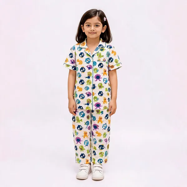 White_Cotton_Short_Sleeve_Printed_Pajama_Set_For_Girls