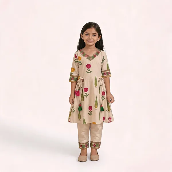 Cream_Cotton_Floral_Print_A-Line_Kurta_And_Pant_Set_For_Girls