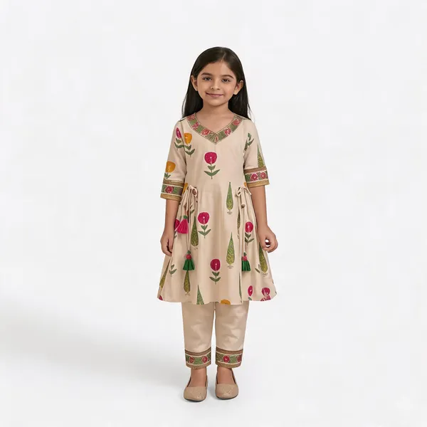 Cream_Cotton_Floral_Print_A-Line_Kurta_And_Pant_Set_For_Girls