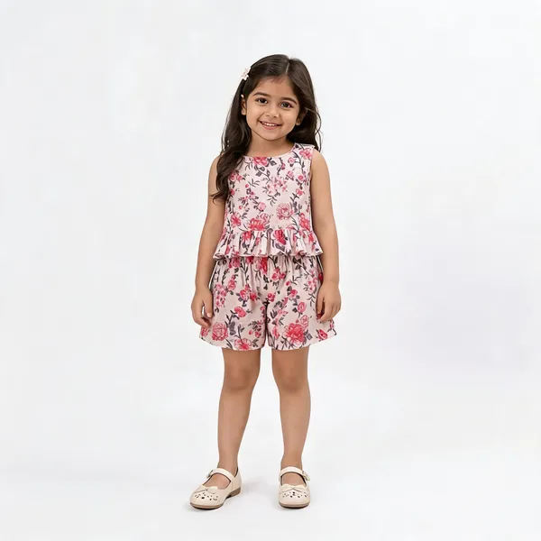 Pink_Cotton_Sleeveless_Floral_Peplum_Playsuit_For_Girls