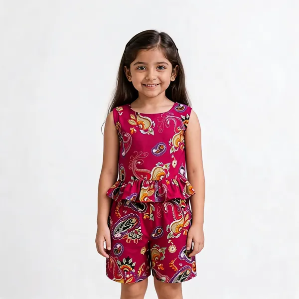 Pink_Cotton_Paisley_Print_Sleeveless_Peplum_Romper_For_Girls