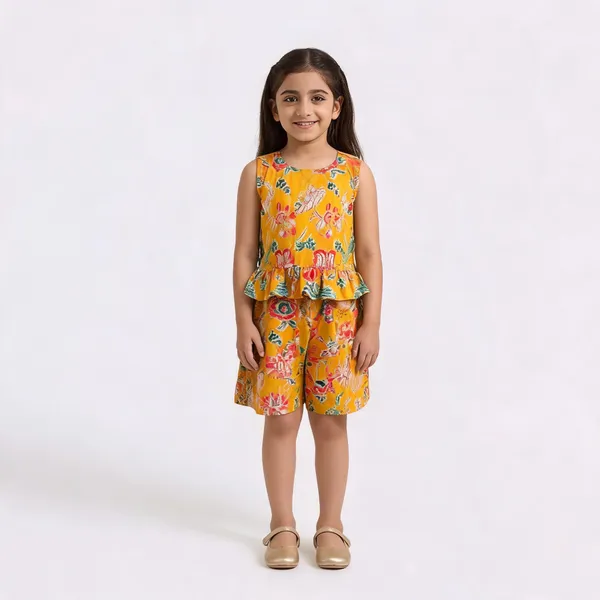 Orange_Cotton_Sleeveless_Floral_Peplum_Romper_For_Girls