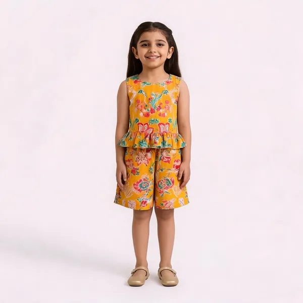 Orange_Cotton_Sleeveless_Floral_Peplum_Romper_For_Girls