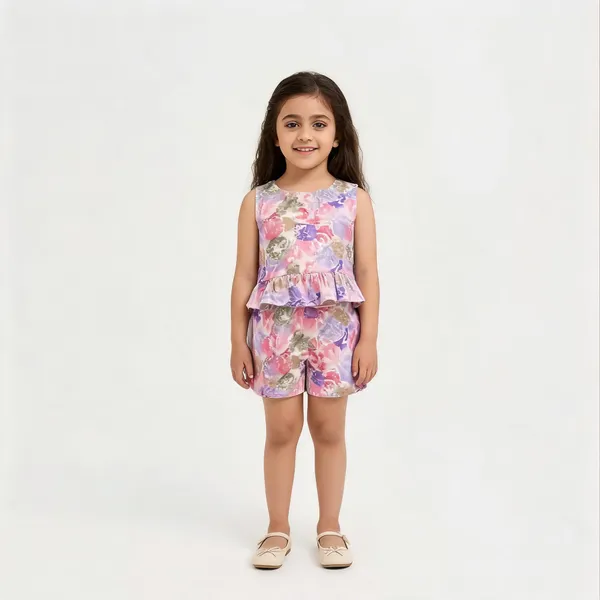 Pink_Cotton_Sleeveless_Floral_Peplum_Romper_For_Girls