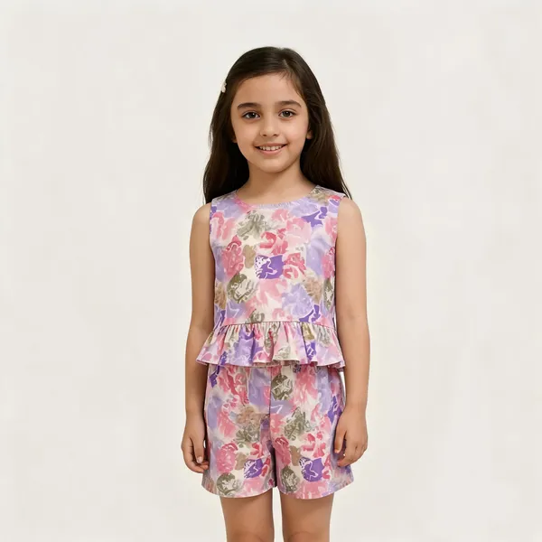 Pink_Cotton_Sleeveless_Floral_Peplum_Romper_For_Girls