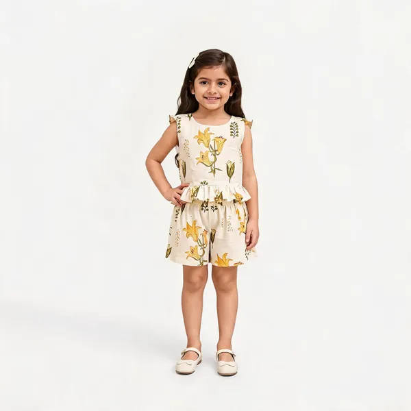 Cream_Cotton_Sleeveless_Floral_Ruffle_Romper_For_Girls