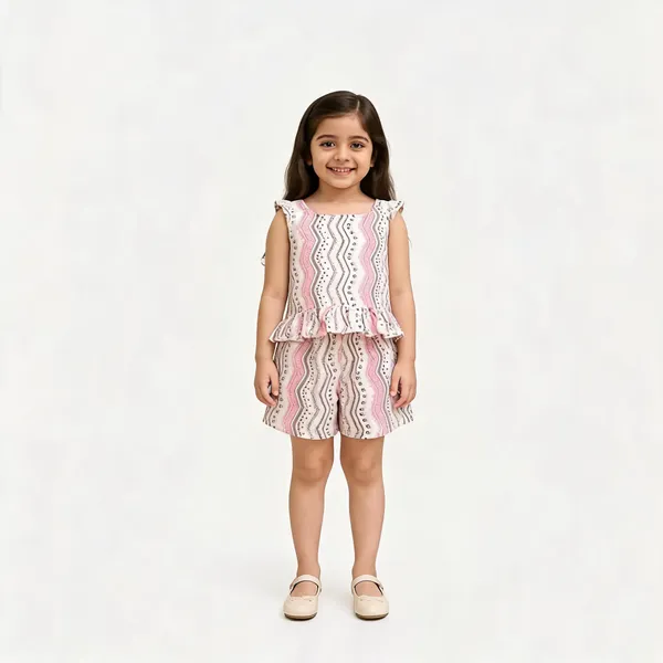 Pink_Cotton_Peplum_Top_And_Shorts_Set_For_Girls