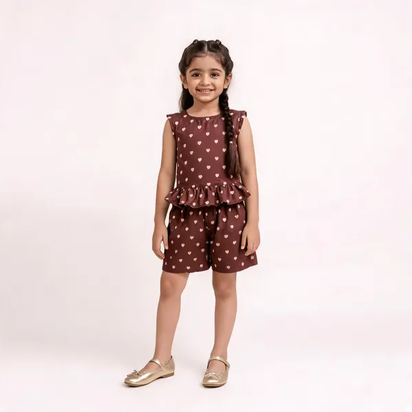 Brown_Cotton_Heart_Print_Peplum_Top_And_Shorts_Set_For_Girls