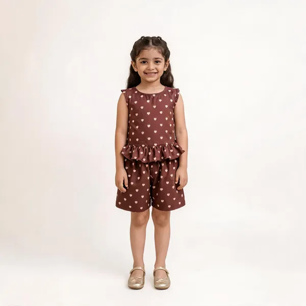Brown_Cotton_Heart_Print_Peplum_Top_And_Shorts_Set_For_Girls