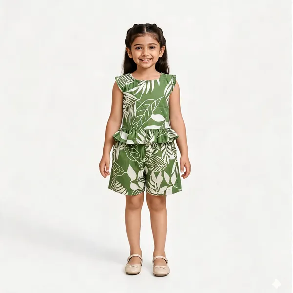 Green_Cotton_Leaf_Print_Sleeveless_Romper_For_Girls