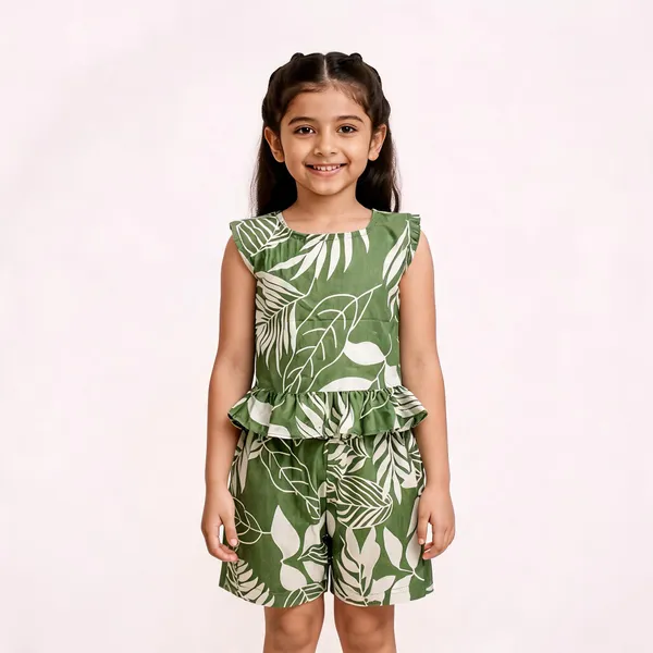 Green_Cotton_Leaf_Print_Sleeveless_Romper_For_Girls