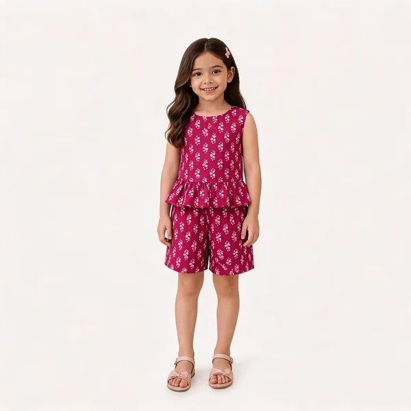 Pink_Cotton_Sleeveless_Floral_Peplum_Top_And_Shorts_Set_For_Girls