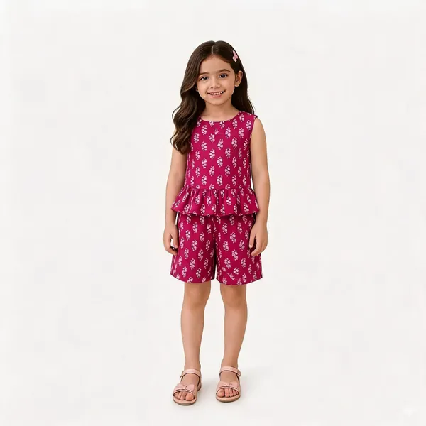 Pink_Cotton_Sleeveless_Floral_Peplum_Top_And_Shorts_Set_For_Girls