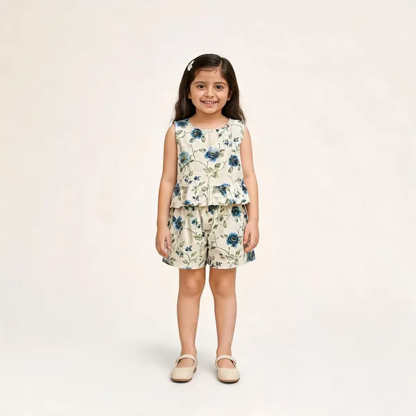 Cream_Cotton_Floral_Print_Peplum_Top_And_Shorts_Set_For_Girls