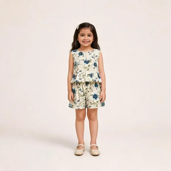 Cream_Cotton_Floral_Print_Peplum_Top_And_Shorts_Set_For_Girls
