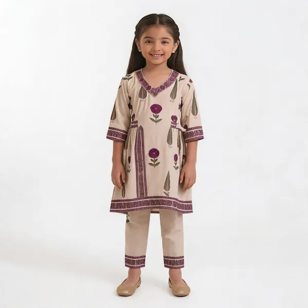 Cream_Cotton_Floral_Print_Kurta_And_Pant_Set_For_Girls