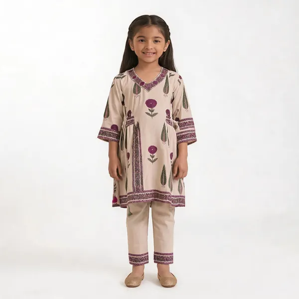 Cream_Cotton_Floral_Print_Kurta_And_Pant_Set_For_Girls
