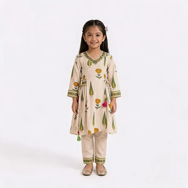 Cream_Cotton_Floral_Print_Anarkali_Kurta_Set_For_Girls