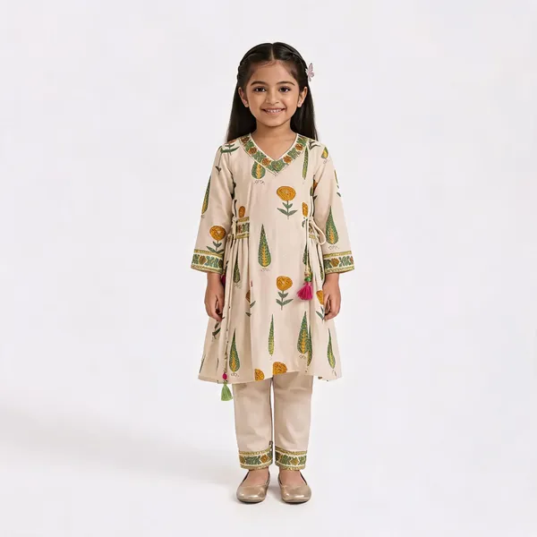 Cream_Cotton_Floral_Print_Anarkali_Kurta_Set_For_Girls