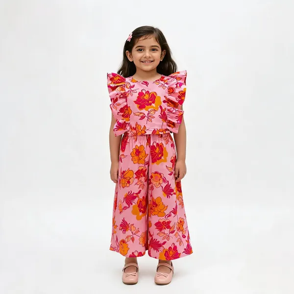 Pink_Cotton_Floral_Print_Wide-Leg_Jumpsuit_For_Girls