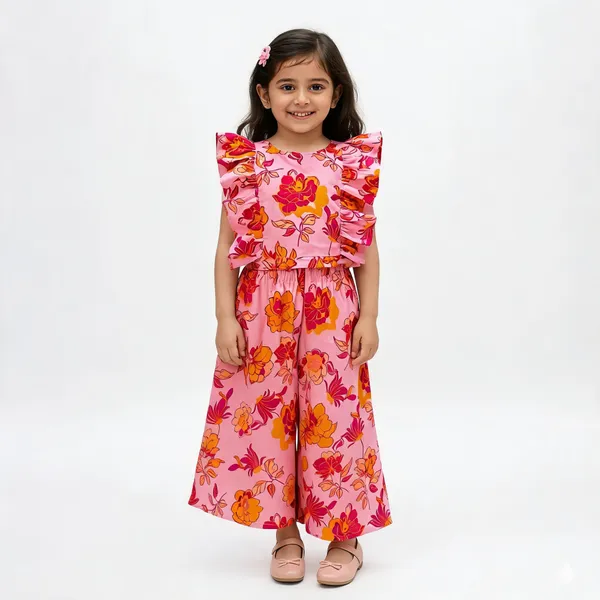 Pink_Cotton_Floral_Print_Wide-Leg_Jumpsuit_For_Girls