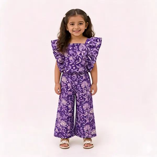 Purple_Cotton_Ruffle_Sleeve_Floral_Jumpsuit_For_Girls