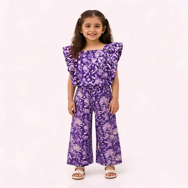 Purple_Cotton_Ruffle_Sleeve_Floral_Jumpsuit_For_Girls