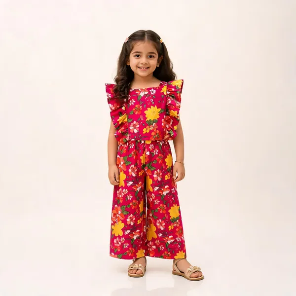 Magenta_Cotton_Floral_Print_Ruffle_Sleeve_Jumpsuit_For_Girls