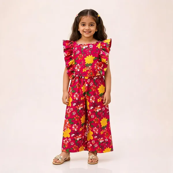 Magenta_Cotton_Floral_Print_Ruffle_Sleeve_Jumpsuit_For_Girls