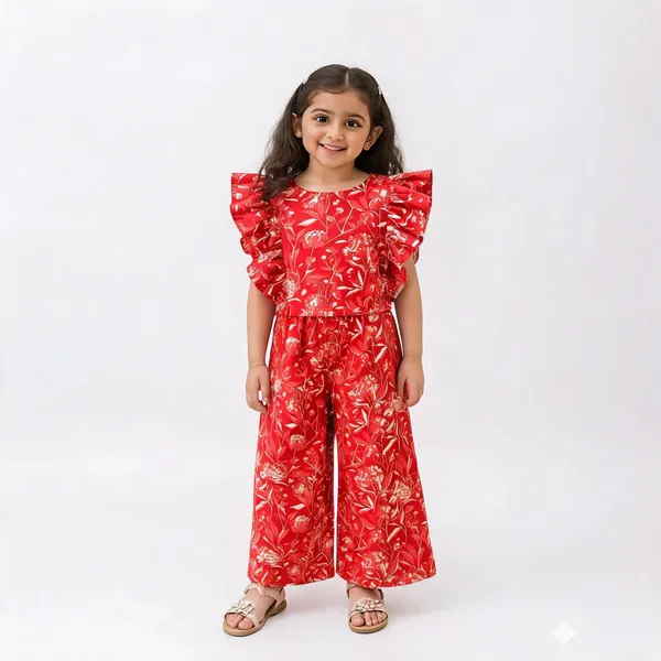 Red_Cotton_Floral_Print_Ruffle_Sleeve_Jumpsuit_For_Girls