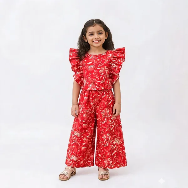 Red_Cotton_Floral_Print_Ruffle_Sleeve_Jumpsuit_For_Girls
