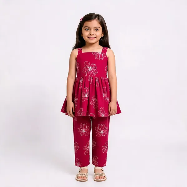 Pink_Cotton_Floral_Print_Sleeveless_Top_And_Pants_Set_For_Girls