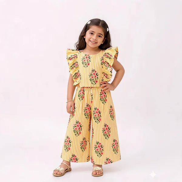 Yellow_Cotton_Floral_Stripe_Flutter_Sleeve_Jumpsuit_For_Girls