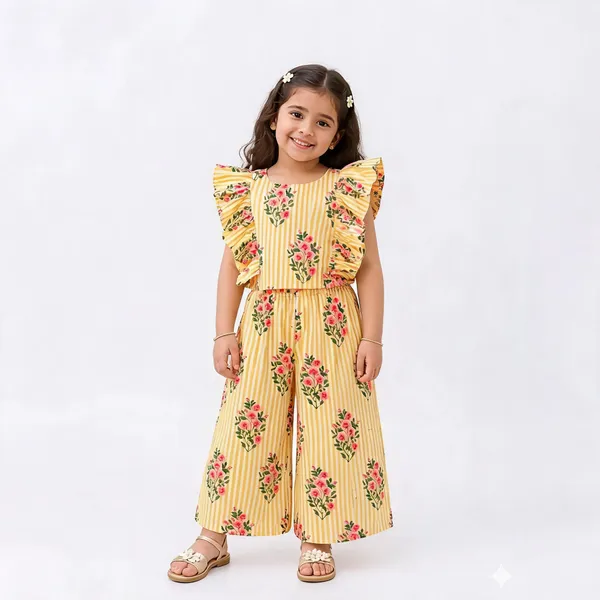 Yellow_Cotton_Floral_Stripe_Flutter_Sleeve_Jumpsuit_For_Girls