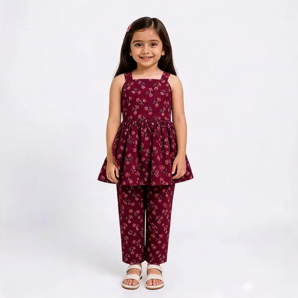 Maroon_Cotton_Floral_Print_Peplum_Co-Ord_Set_For_Girls