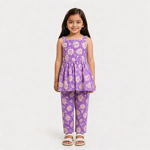 Purple_Cotton_Floral_Print_Sleeveless_Tunic_And_Pants_Set_For_Girls