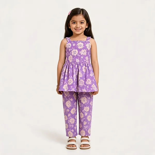 Purple_Cotton_Floral_Print_Sleeveless_Tunic_And_Pants_Set_For_Girls
